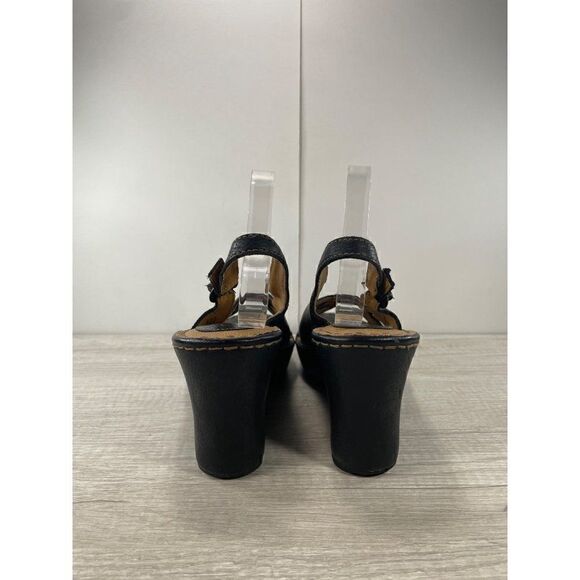 Born BOC Black Leather Wedge Heel Sandal Shoes Womens Size 10 - Picture 5 of 8